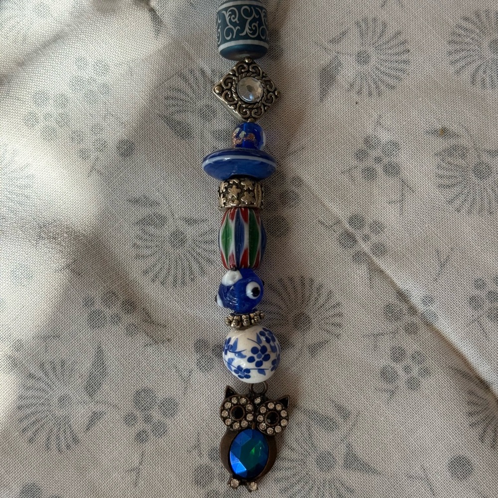 Blue and Silver Beaded Owl Pendant